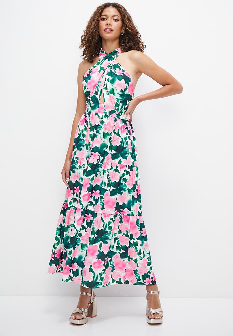 Halter Maxi Dress Green Pink Garden Floral Milla Formal 7823