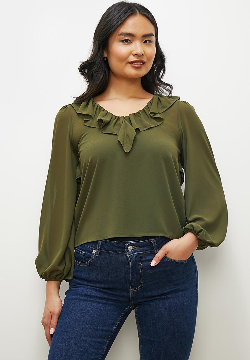 V-neck waist ruffle blouse - khaki edit Blouses | Superbalist.com