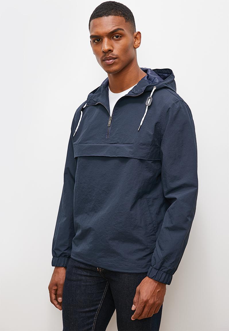 Hooded rib stop poplin 1/4 zip pullover lightweight jacket - navy Lark ...