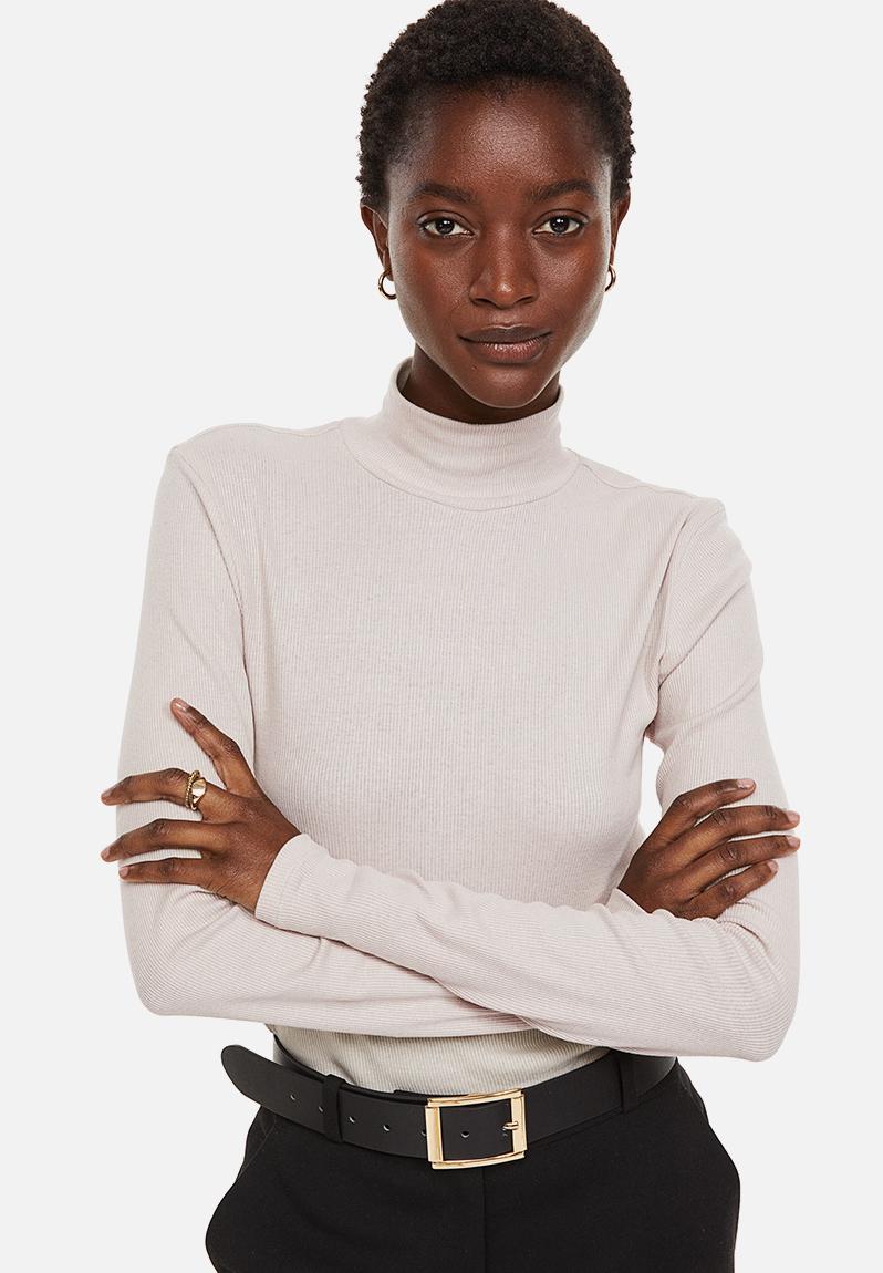 Ribbed polo-neck top - light beige H&M T-Shirts, Vests & Camis ...