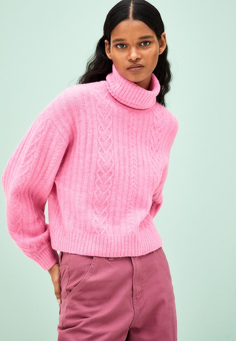 Cable-knit polo-neck jumper - pink - 1095218003