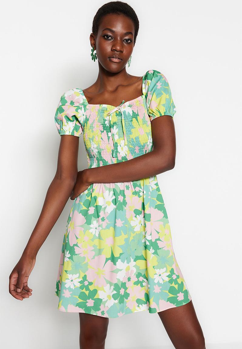 Floral smocked off shoulder dress - green Trendyol Casual | Superbalist.com