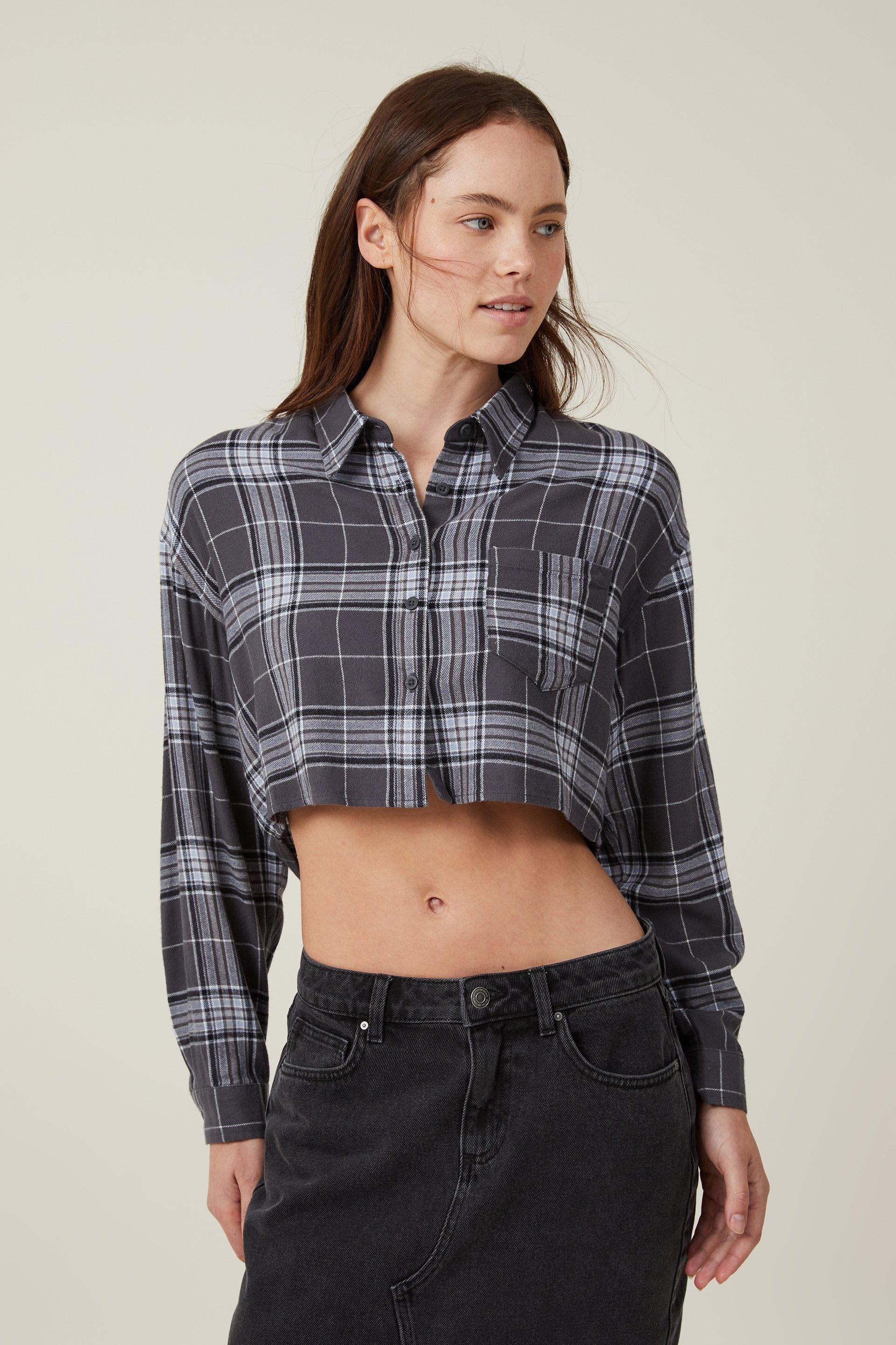 Cropped boyfriend flannel shirt - veronica check graphite