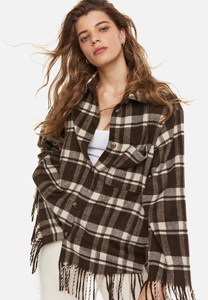 Fringe-trimmed shacket - dark brown/checked - 1101682001 H&M Jackets ...