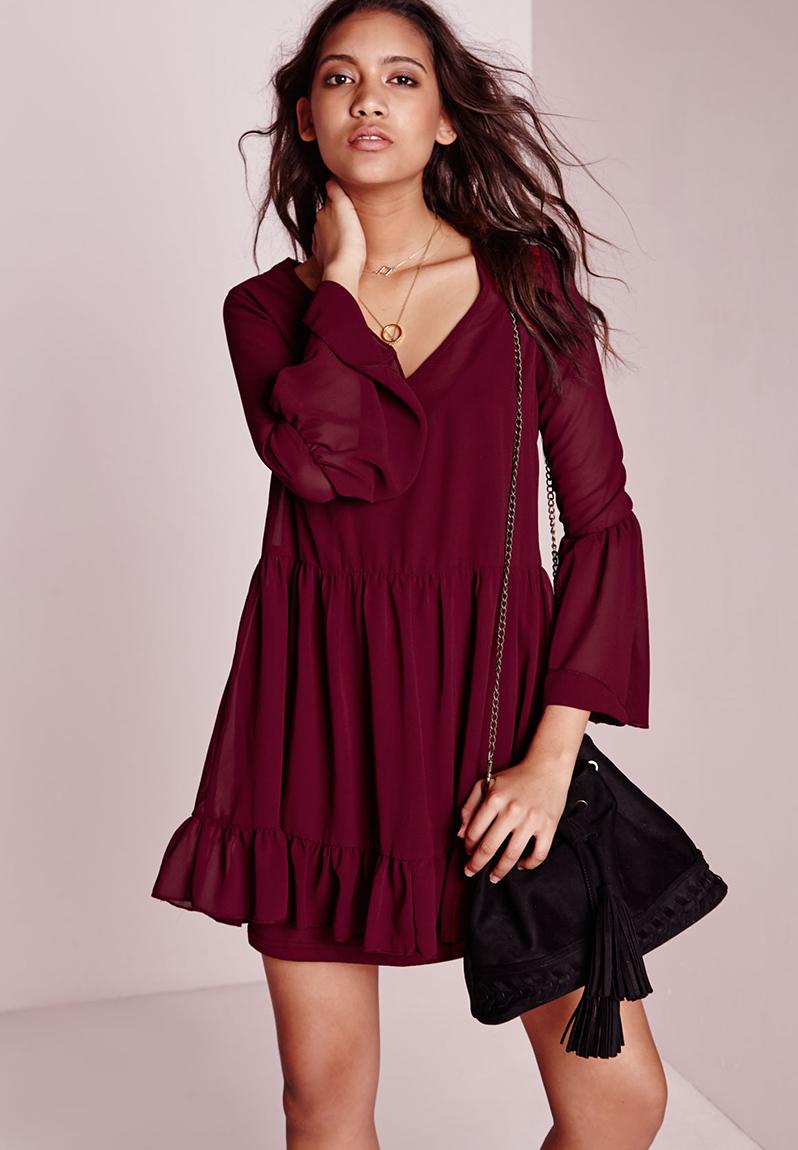 Chiffon Bell Sleeve Swing Dress Burgundy Missguided Casual