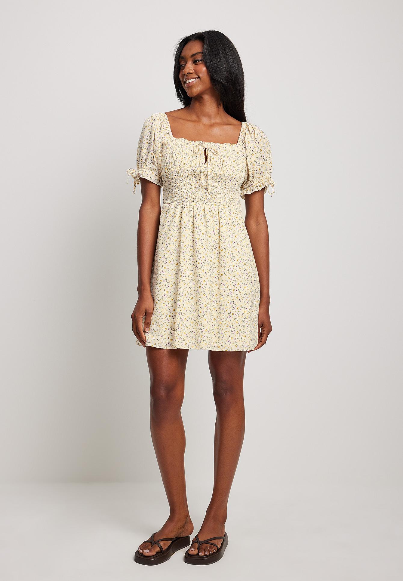 Romantic Yellow Lace Puff Sleeve Mini Dress