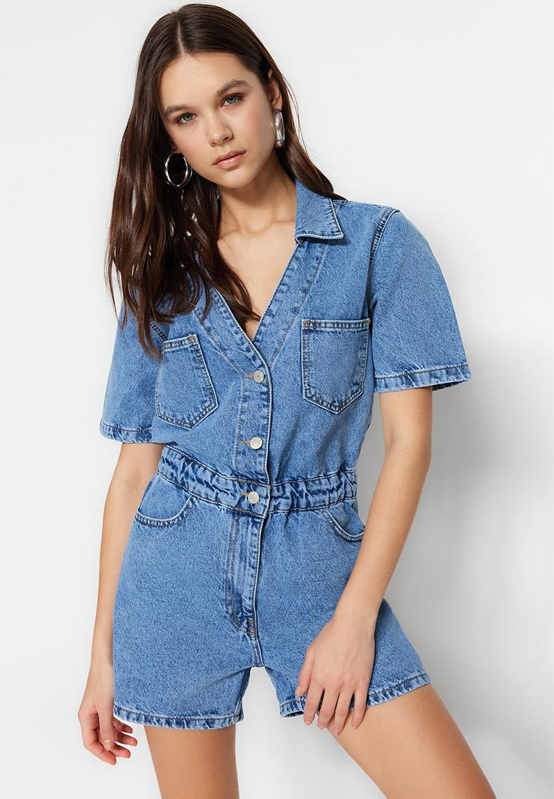 Denim utility short jumpsuit - blue Trendyol Jumpsuits & Playsuits ...