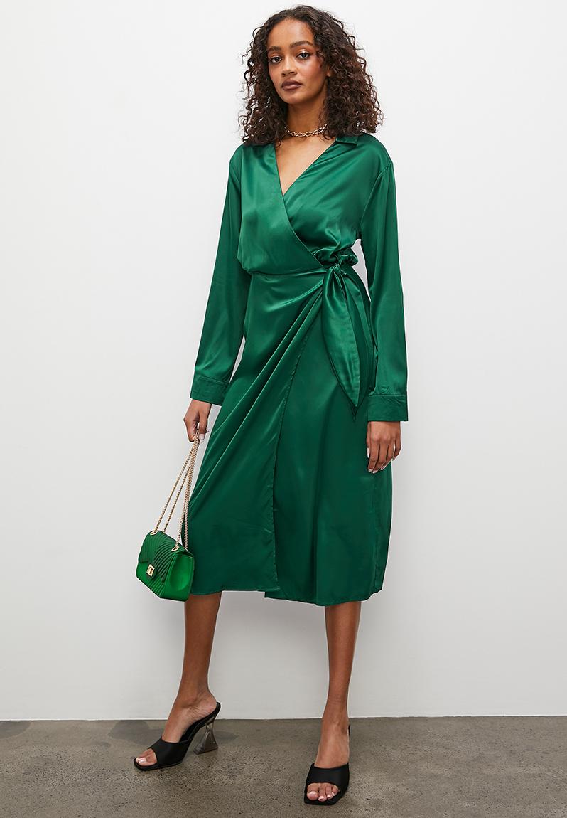 Collared satin wrap dress - bottle green Superbalist Formal ...