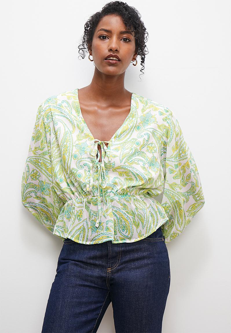 Printed v-neck gathered shell - green soft boho paisley edit Blouses ...