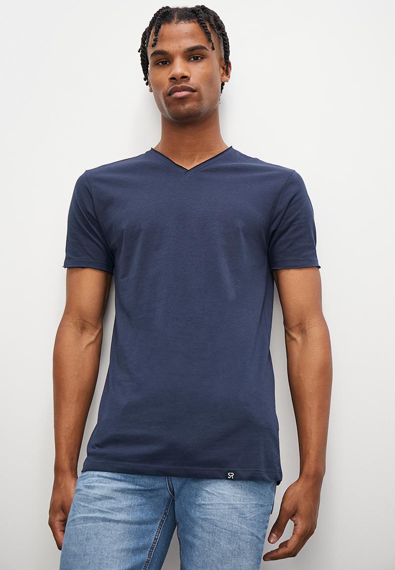 Raw Edge V Neck Tee - indigo