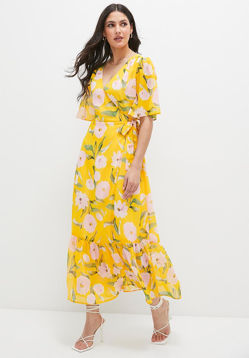 Fiorenza Yellow Floral Print Ruched Midaxi Dress