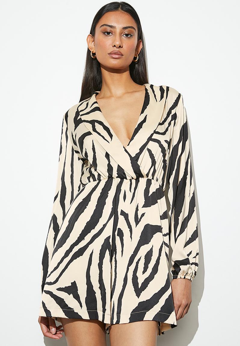 Wrap satin playsuit cream and black zebra VELVET Jumpsuits