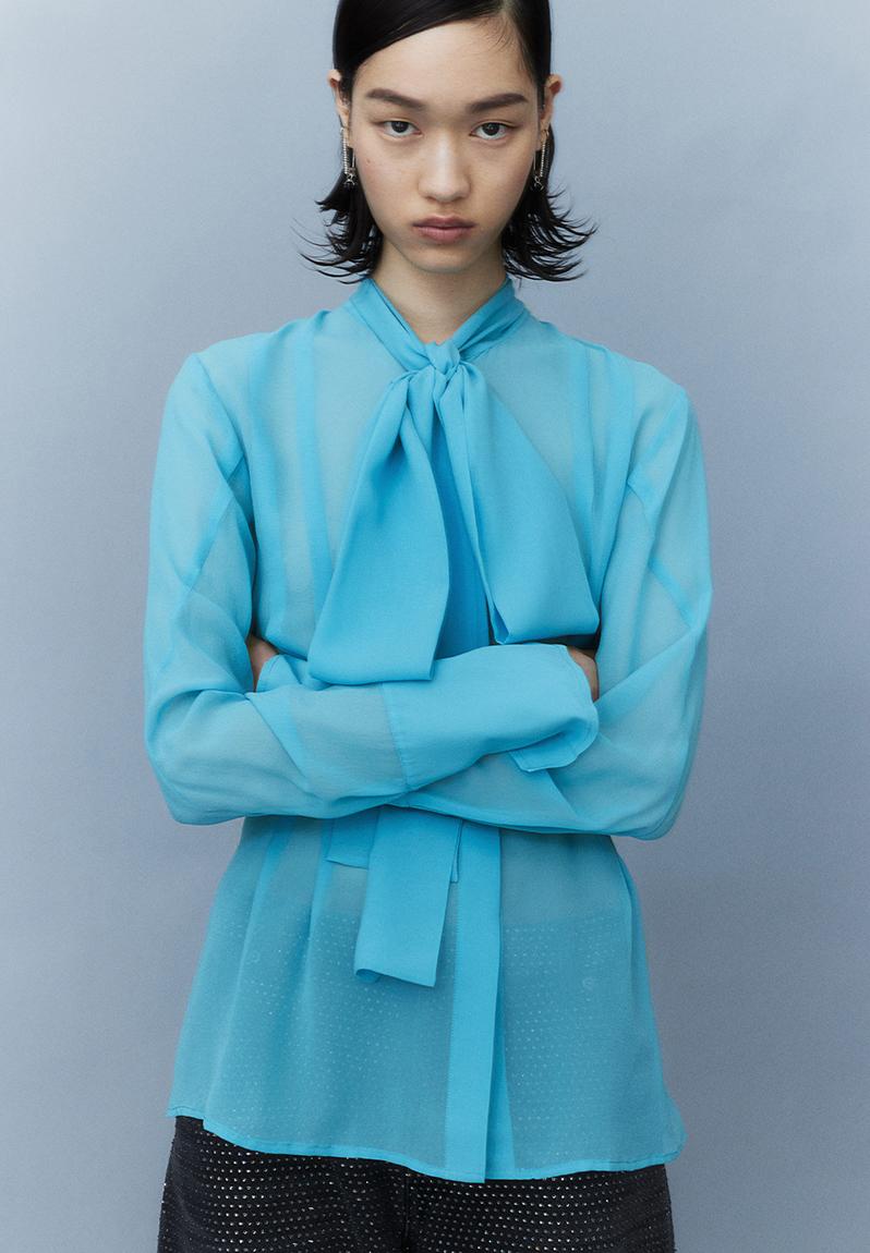 H&M Studio: Sheer silk bow blouse - teal - 1198820001 H&M Blouses ...