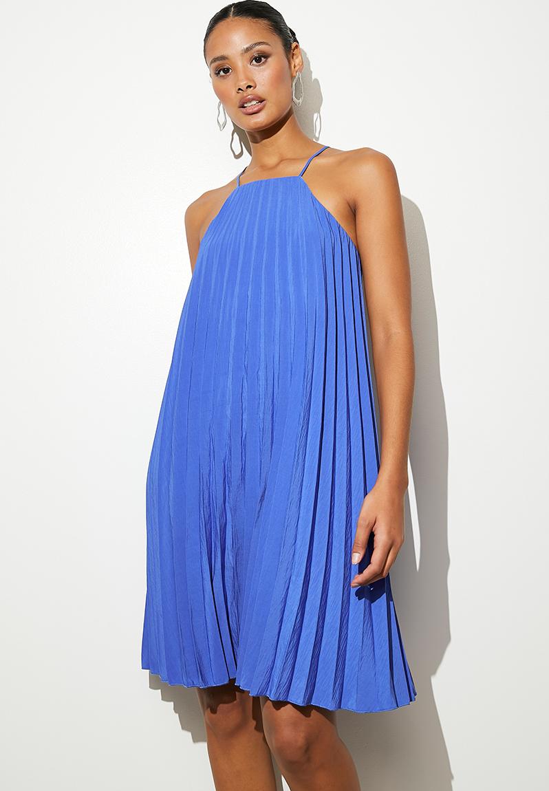 Mini pleated trapeze dress - cobalt
