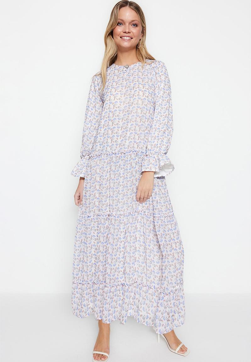 Modest floral tiered maxi dress - ecru