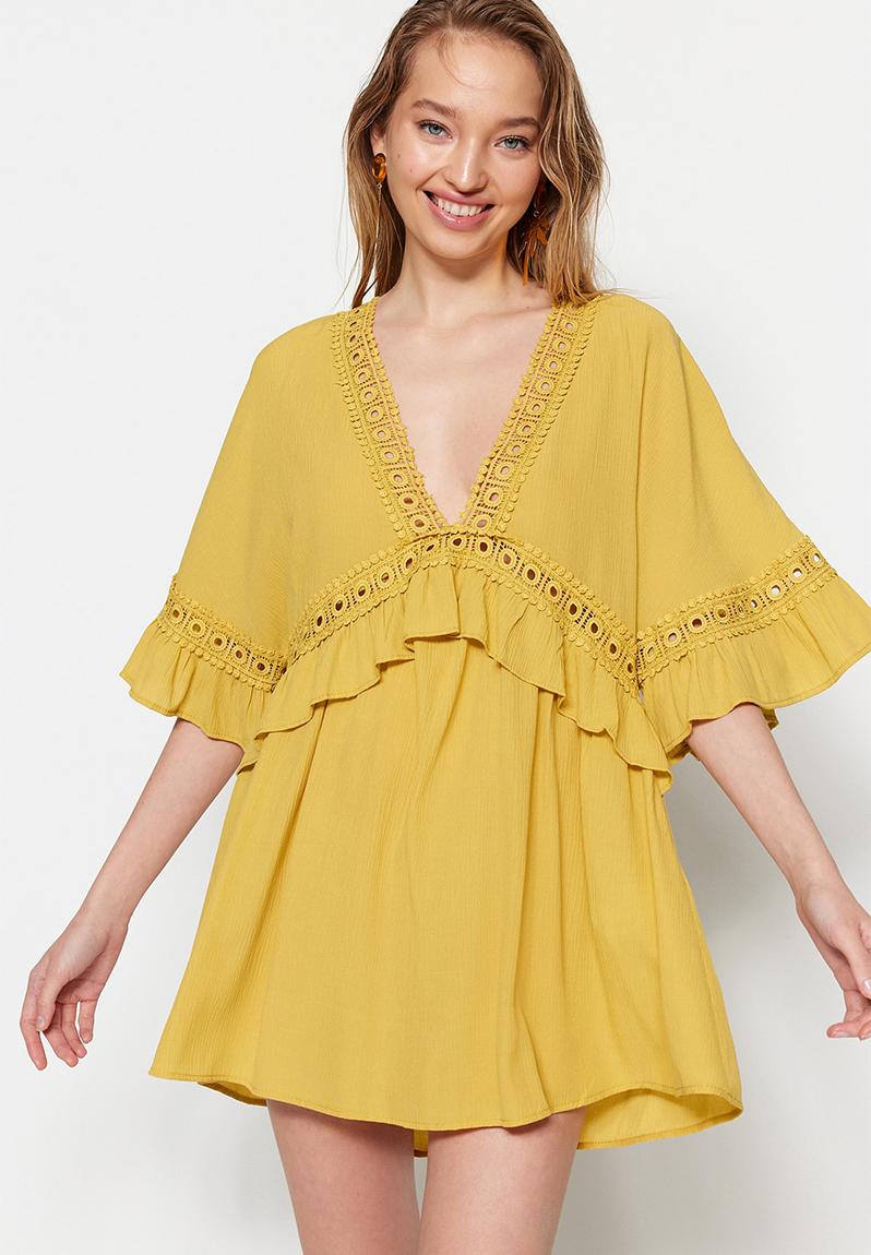 Nivaya Ruffle Neckline Mini Dress Ocean