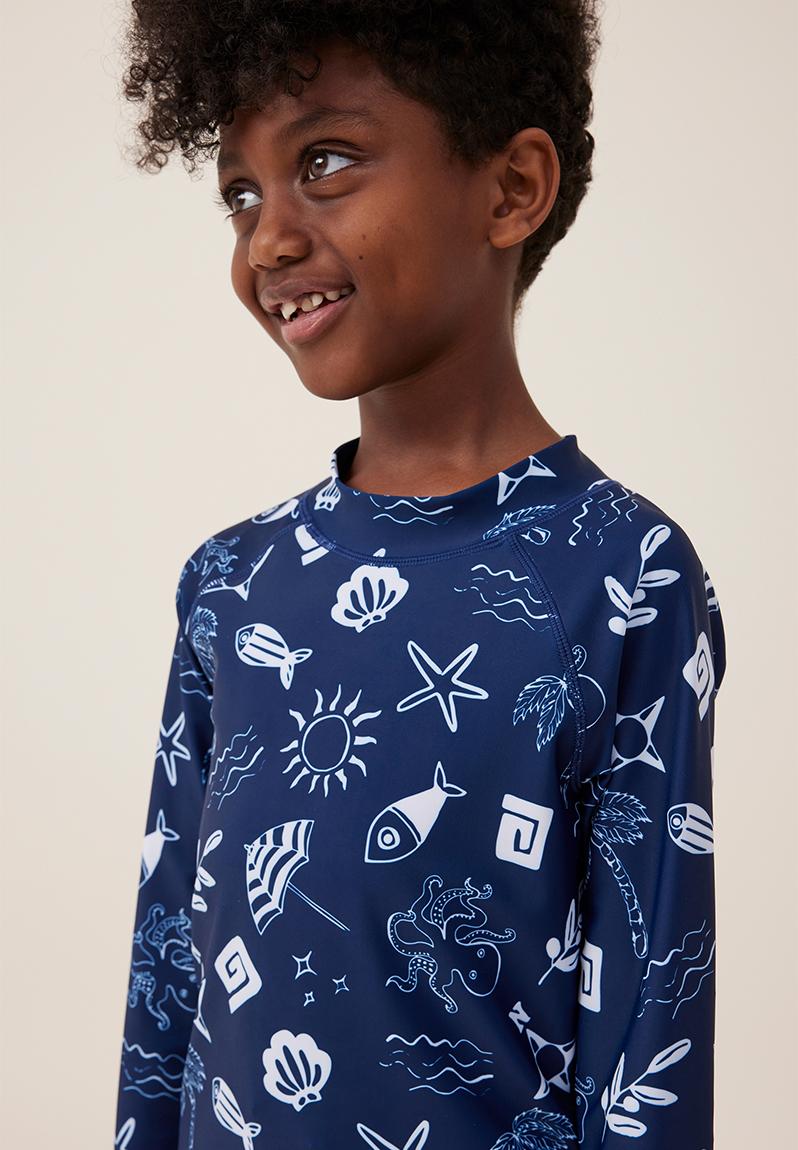 Flynn long sleeve raglan rash vest - in the navy/rainy day santorini