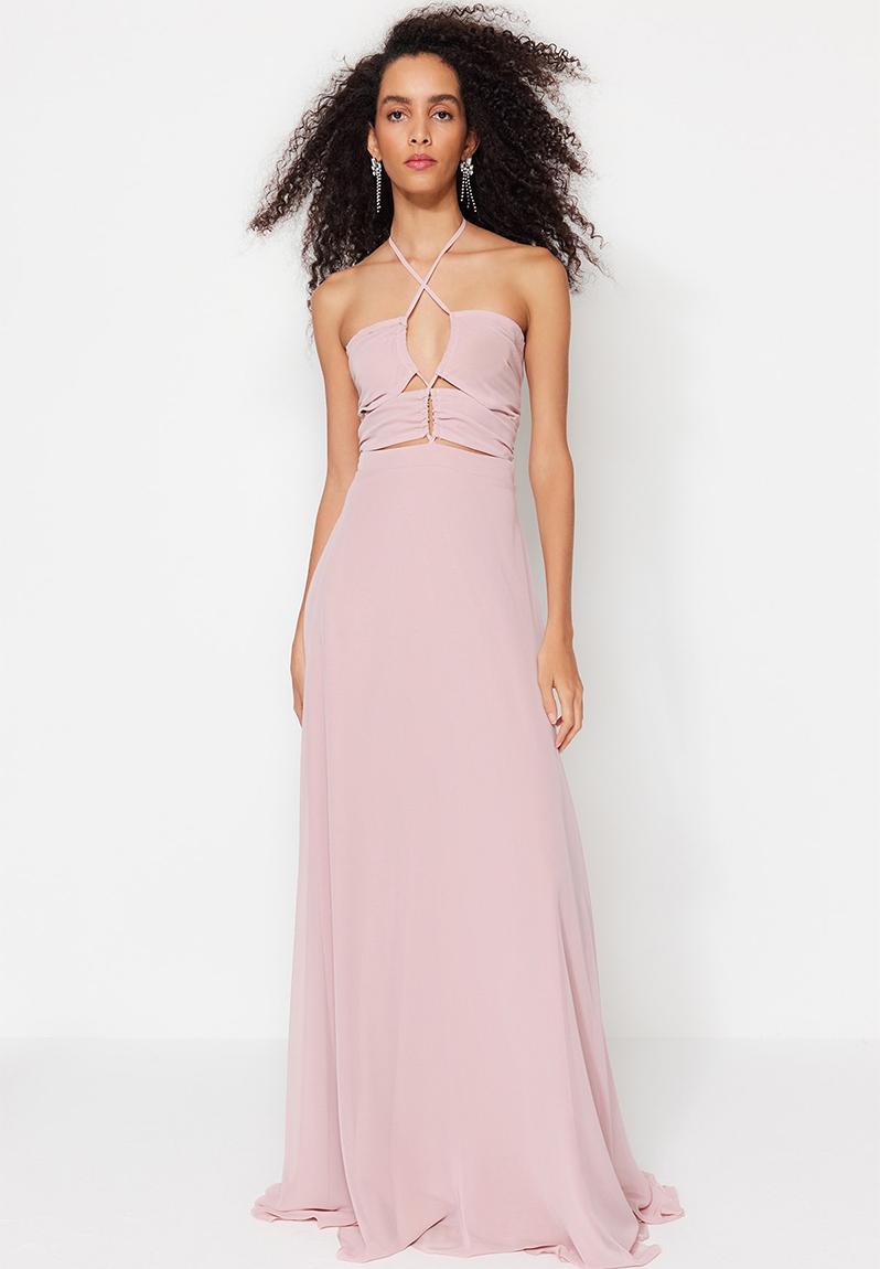 Tie Neck Cutaway Long Jersey Pink Printed Dress