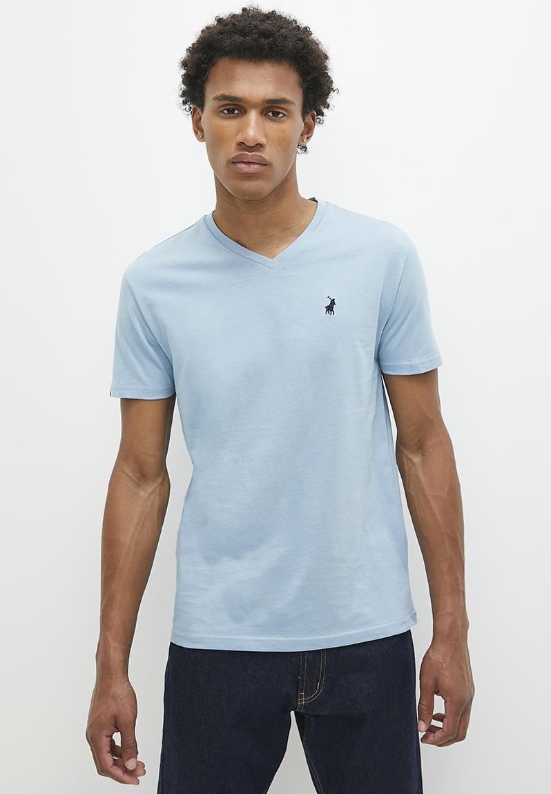 Men Blue V Neck Zipper Tshirt