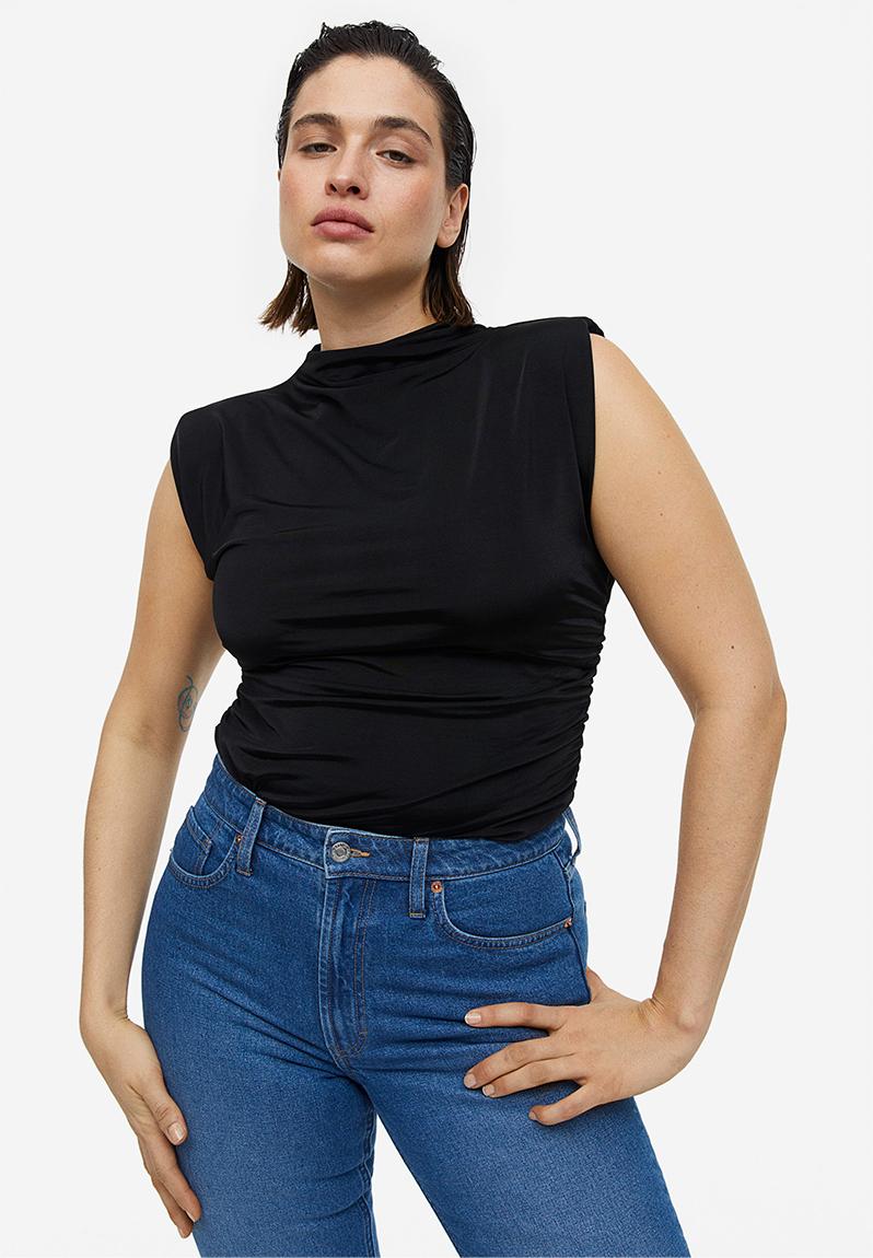 Draped shoulder-pad top - black - 1197228001 H&M T-Shirts, Vests ...