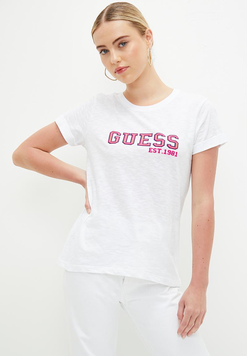 Short Sleeve Cn College Tee Pure White Guess T Shirts Vests And Camis 1383