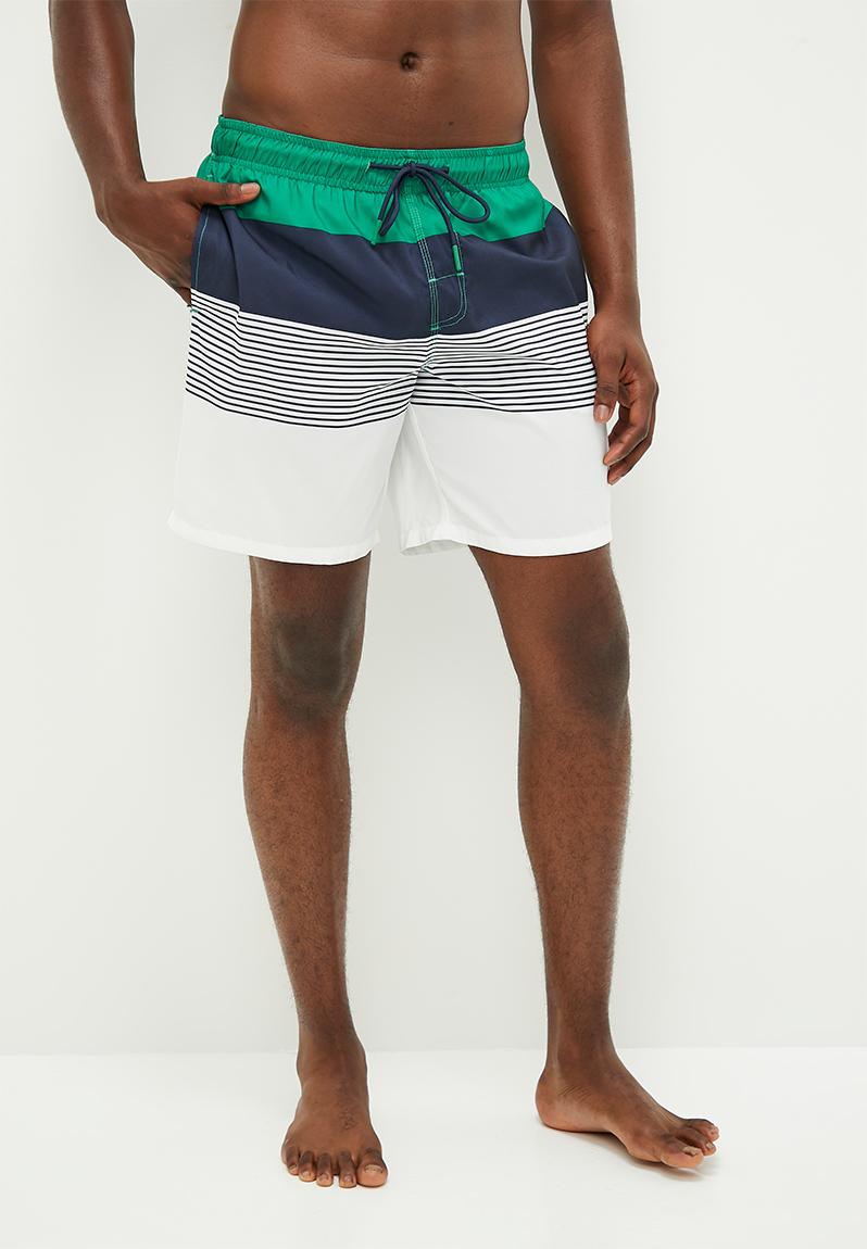 Striped mid length swim short - green & navy Lark & Crosse Swimwear ...