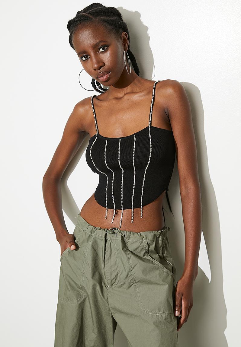 Strappy rhinestone top - black