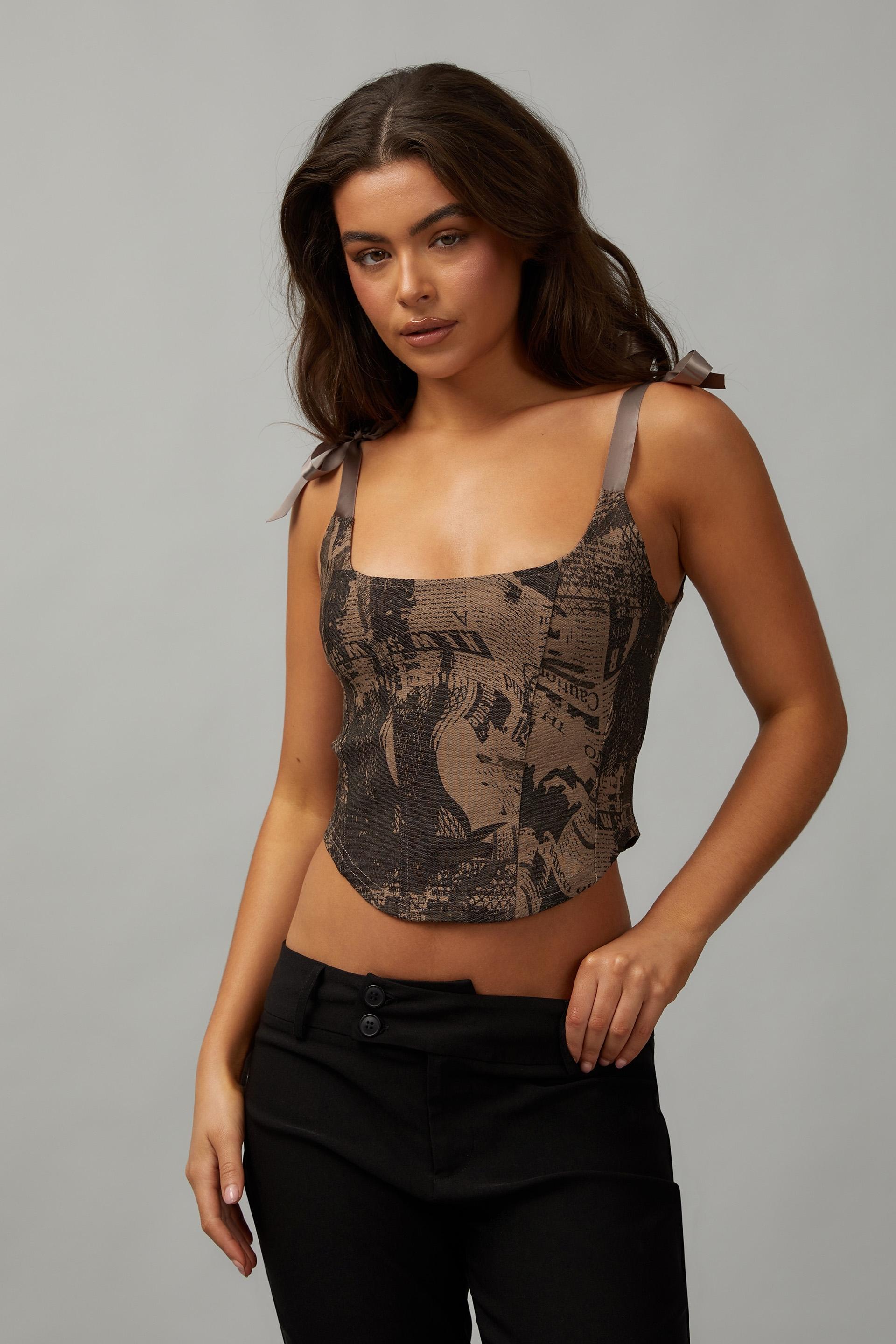 Denim Ribbon Corset - Neutral/Newspaper Collage