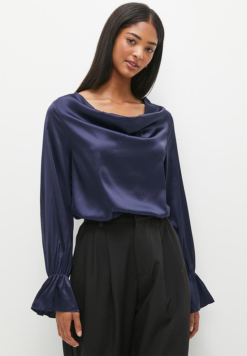 Draped cowl neck satin blouse - navy dailyfriday Blouses | Superbalist.com