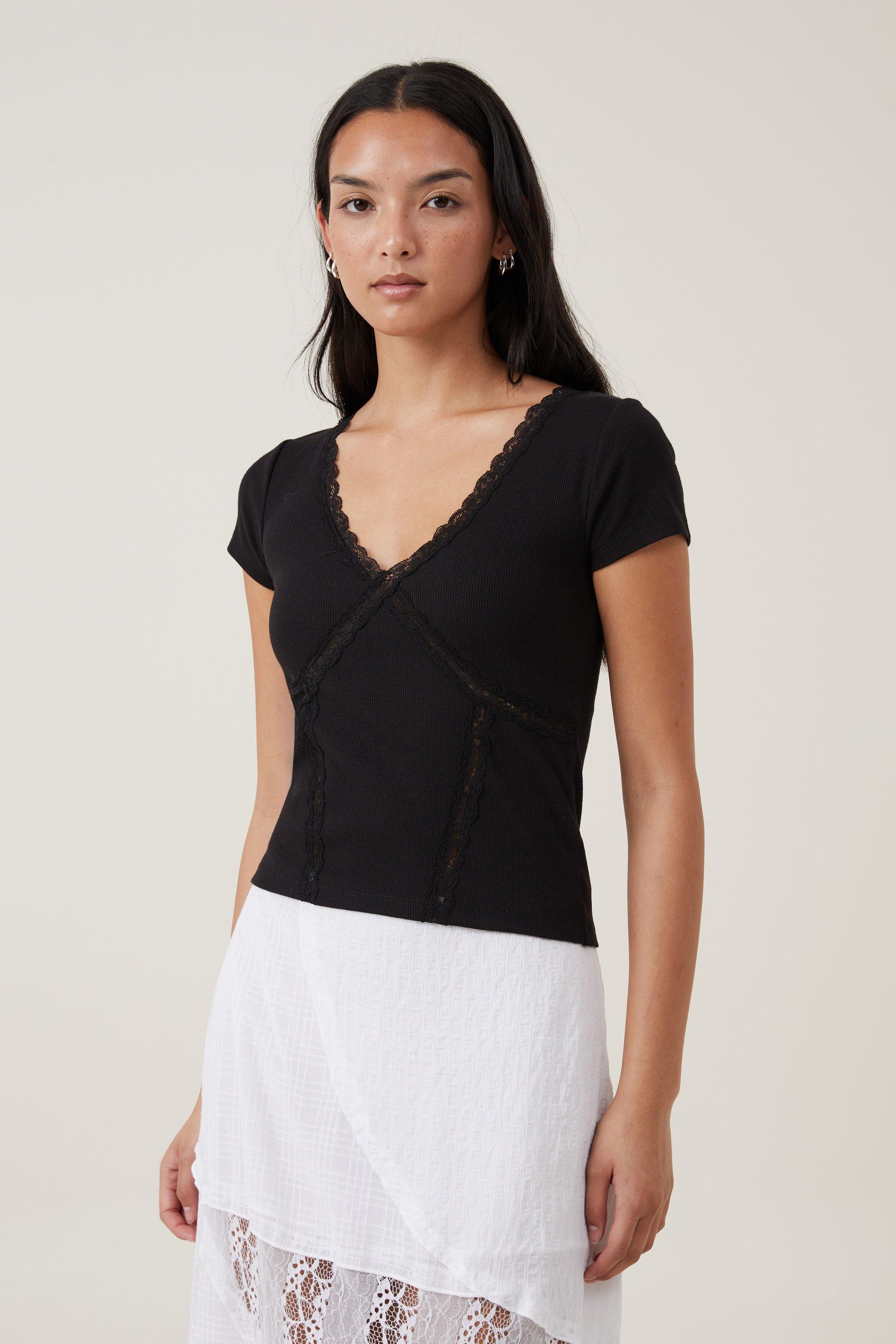 KatieJ Lindsey Cropped Trim Tee with Lace Trim, Black