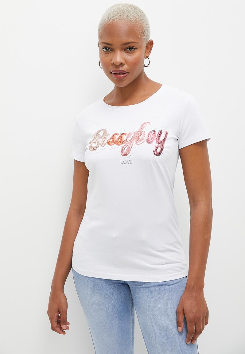 Kea: Regular Fit Sequin And Bling Logo Top - White SISSY BOY T-Shirts ...