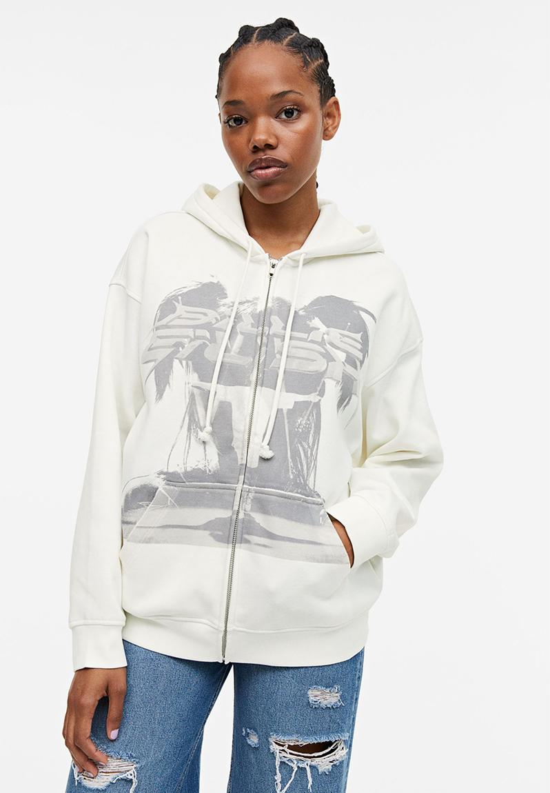 Oversized printed zip-through hoodie - white billie eilish
