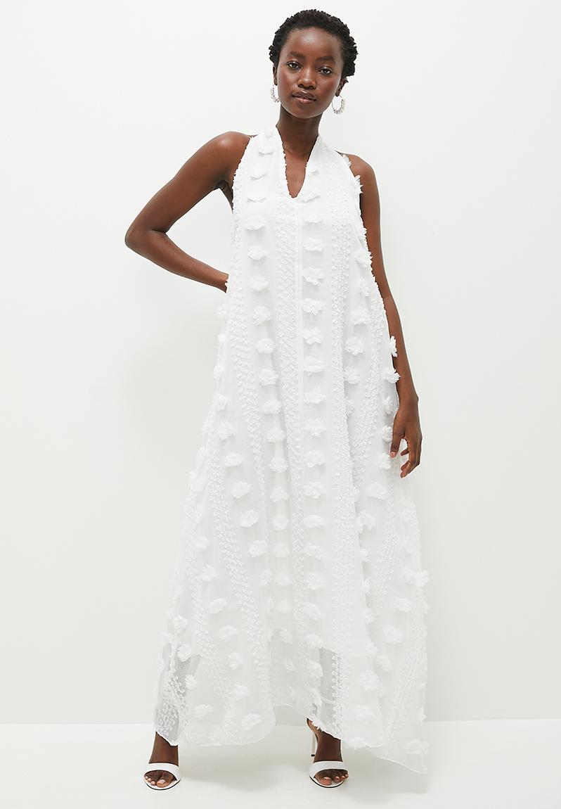 Griselda Flower Halter Embroidery Maxi Dress - White