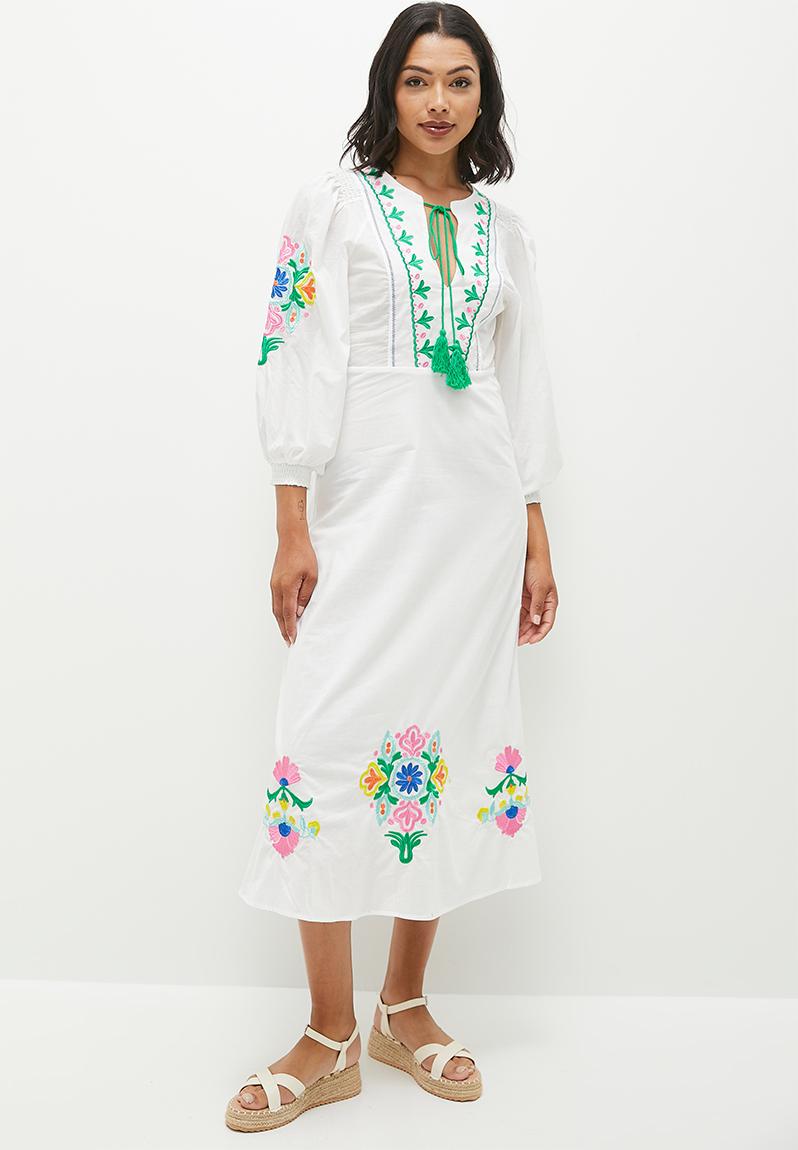 VERY J Embroidered Boho Ruffled Midi Dress