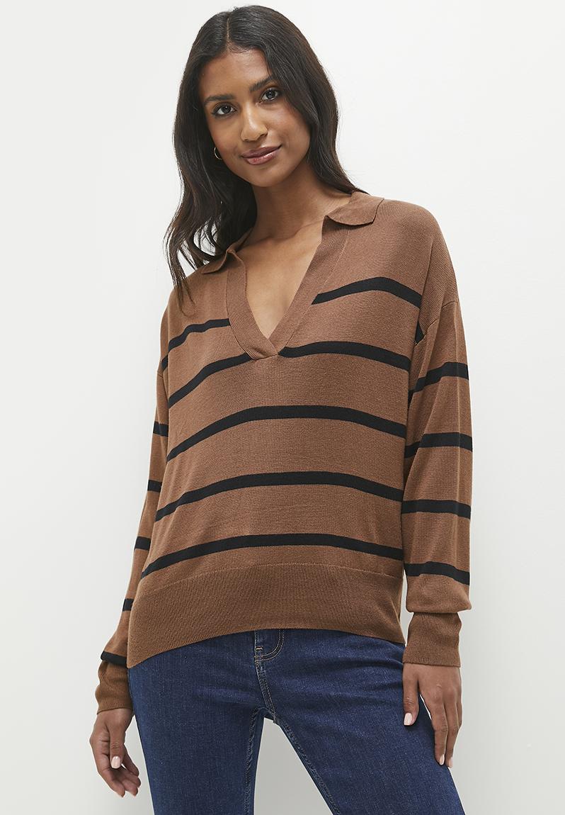 Collared stripe pull over - sand and black