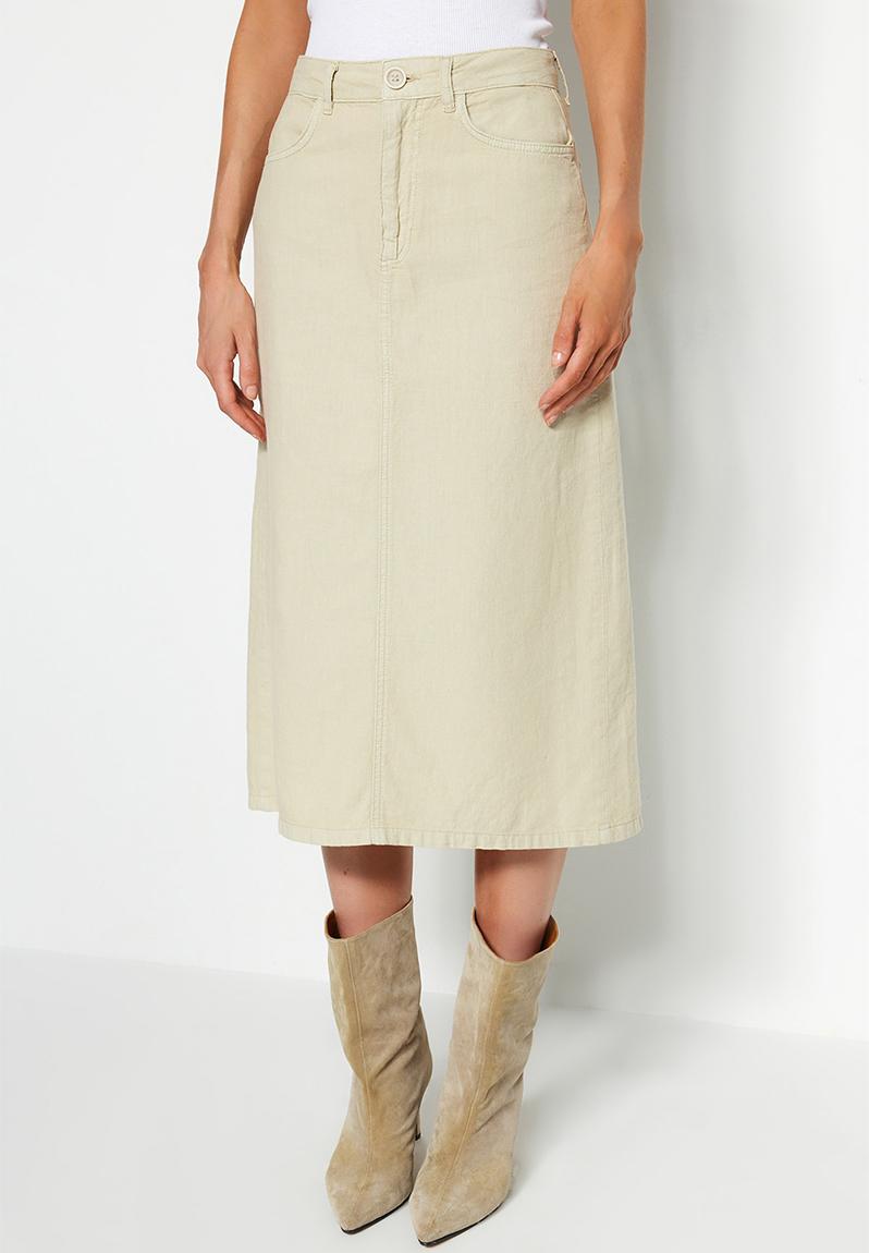 11957 Beige Patterned Midi Skirt