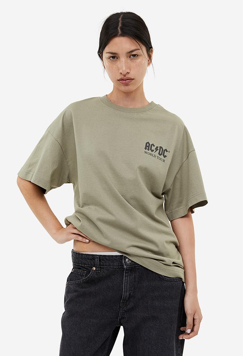 Long printed t-shirt - Khaki green/AC/DC - 1002471046 H&M T-Shirts ...