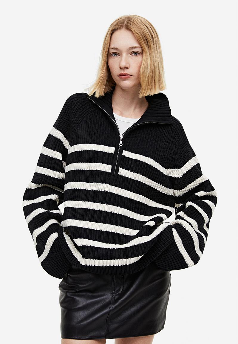 Rib-knit half-zip jumper - black, multi - 1128821003