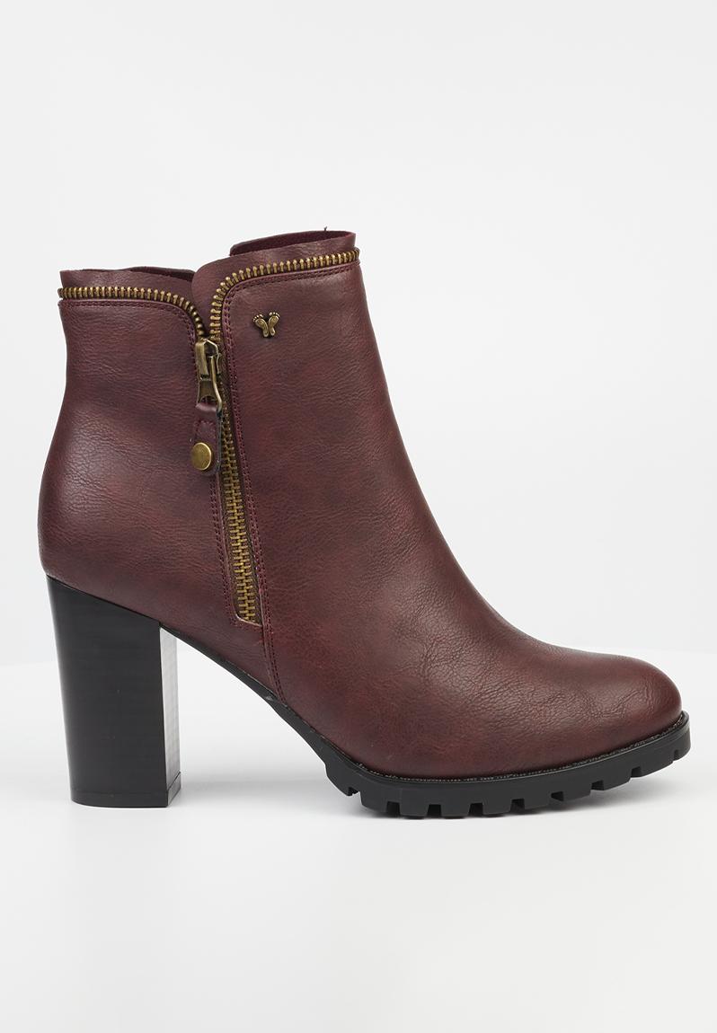 June 4 block heel boot burgundy Butterfly Feet Boots Superbalist