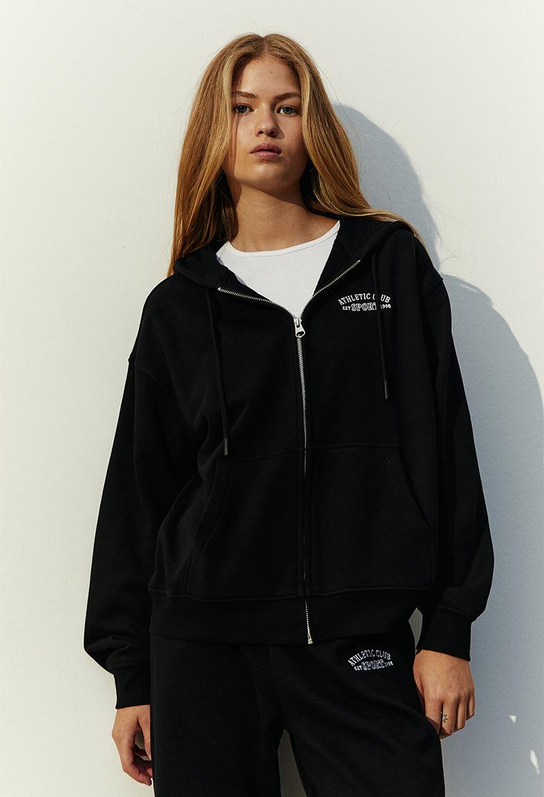 Natural Black Embroidered Cotton Hoodies Outwear Spring