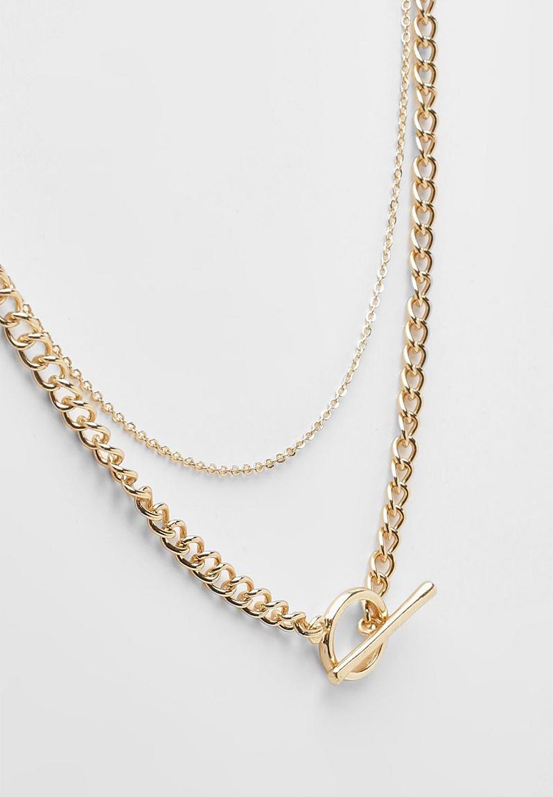 Zelly Textured Link With Natural Stones T Bar Necklace Gold main image 0