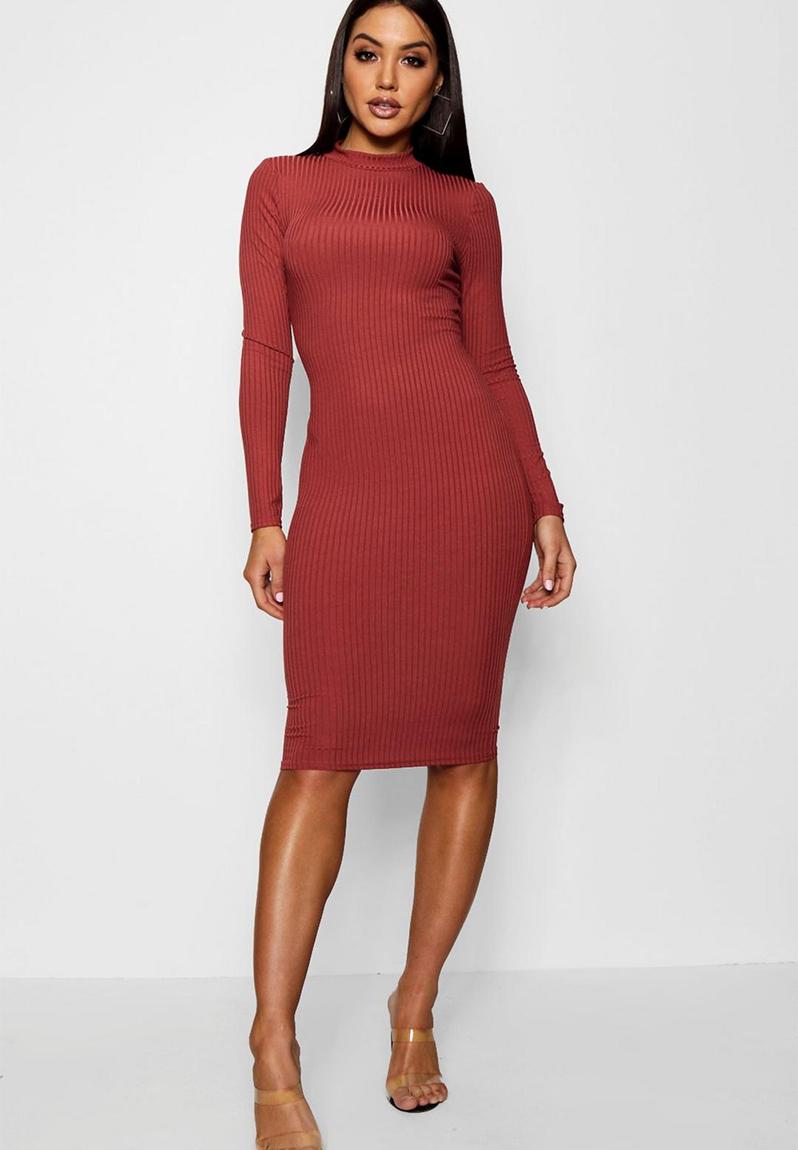 Basics ribbed high neck long sleeved midi dress - chestnut boohoo ...