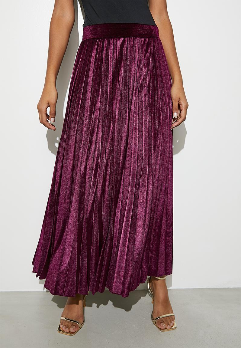 Velvet pleated midi skirt - berry