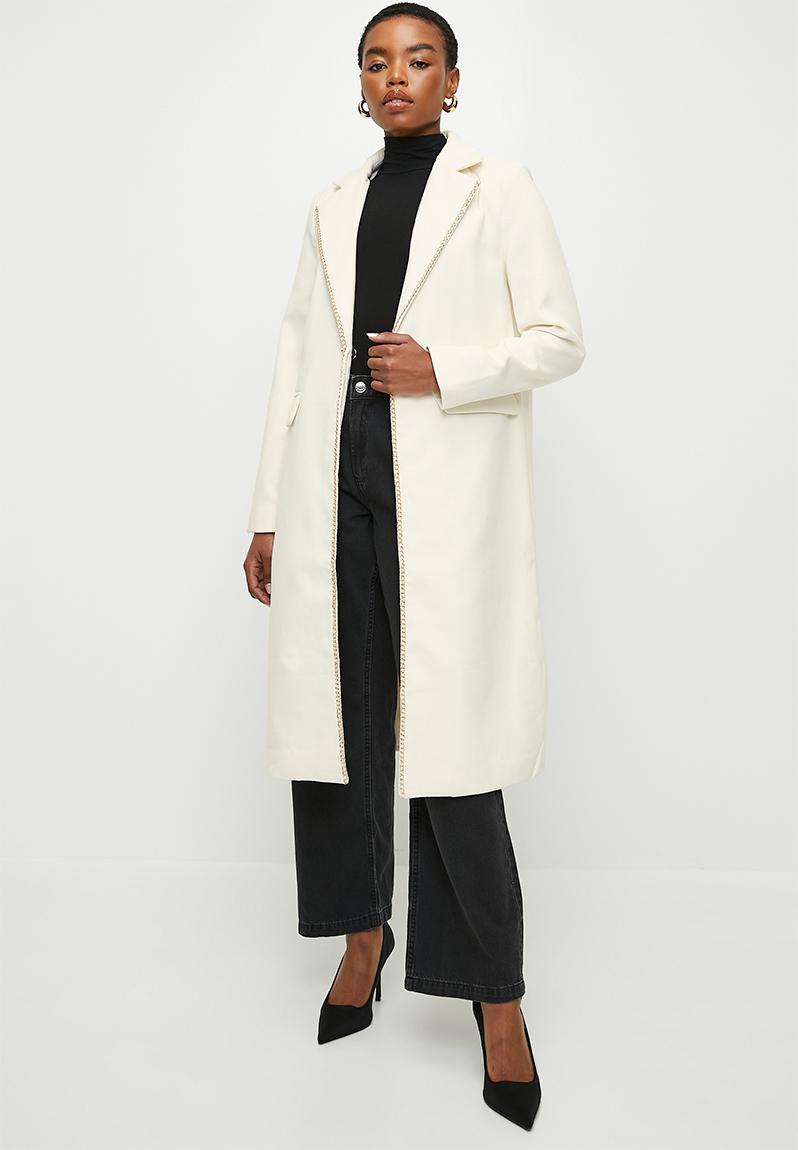 Single breasted coat with chain trim - ecru