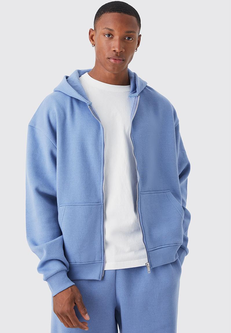 Oversized boxy zip through hoodie - dusty blue boohooMAN Hoodies ...