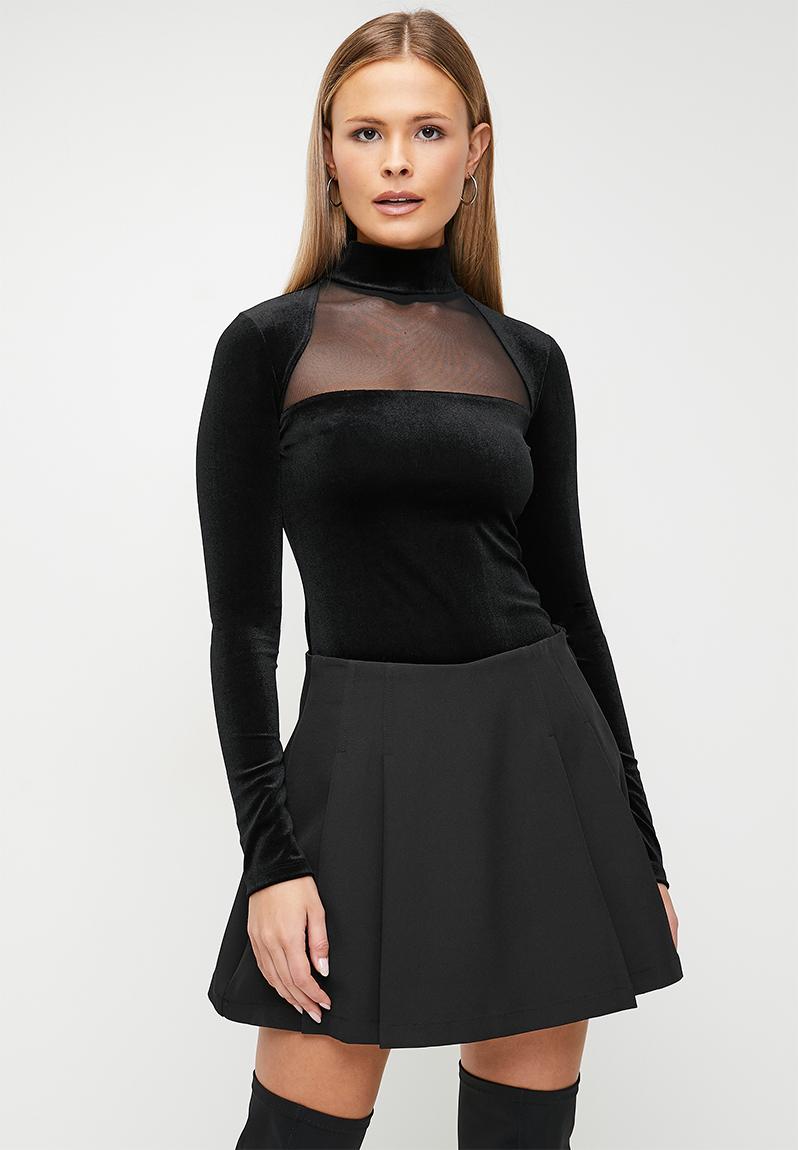 PRINTED VELVET TULLE TURTLENECK BODYSUIT