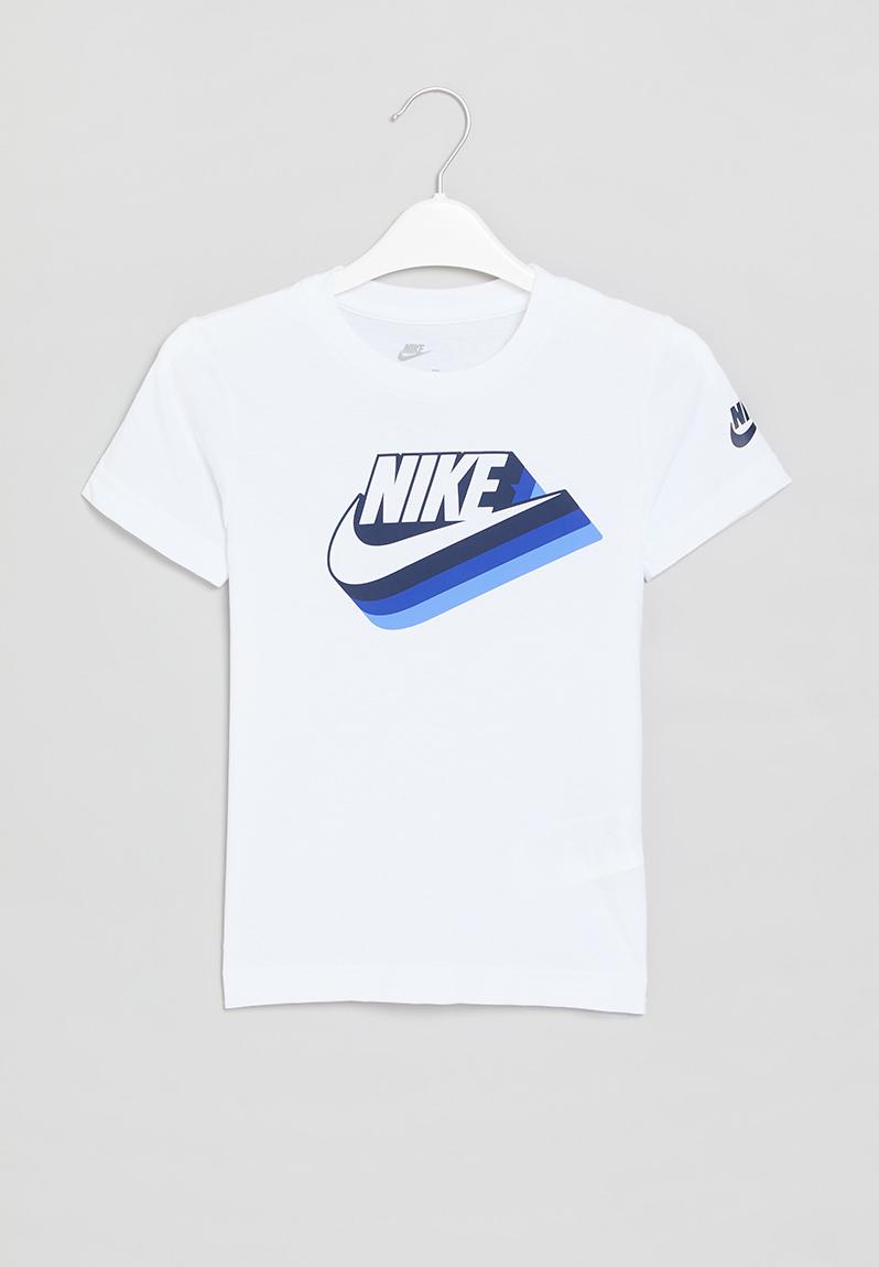 white nike shirt with blue logo