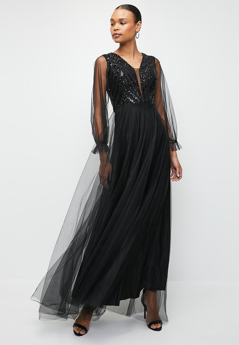 5060 Black Sequined Tulle Evening Dress