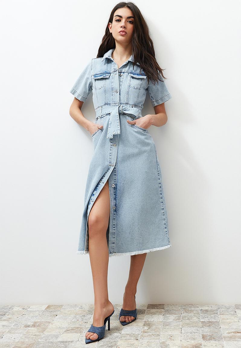 Long Sleeve Waist Belt Denim Trench Maxi Dress