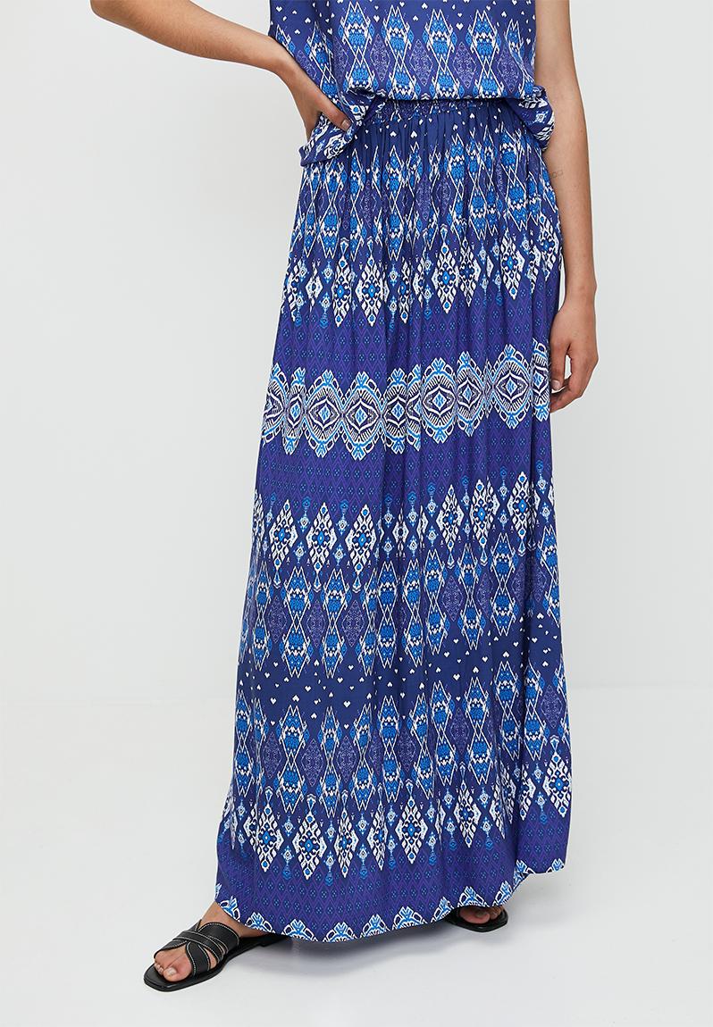 Women's Blue Printed Tie-Up Top & Midi Length Skirt Co-Ords